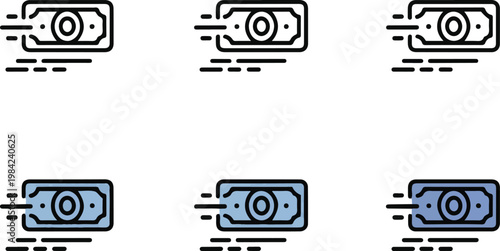 Fast cash icon set showing moving money banknotes for quick payment transfer services banking investment or financial operations.