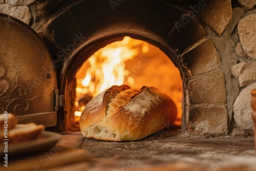 Freshly baked bread in a stone oven with visible flames and rustic surroundings