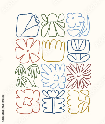 Naive floral poster, card design in line-art doodle style set. Botanical grid...