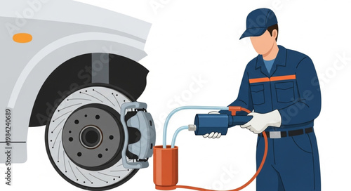 Mechanic performing brake fluid flush on a car wheel.