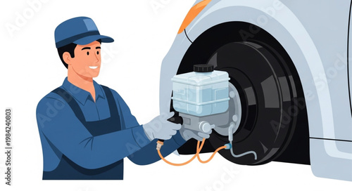 Mechanic performing brake fluid maintenance on a car wheel.