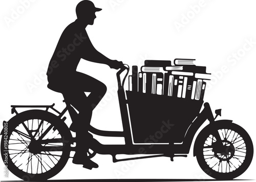 Black silhouette of delivery man on bicycle with books, cargo bike vector, book delivery, urban transport