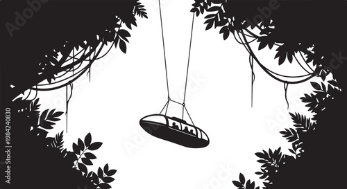 Black and white, hanging swing, leafy branches, minimalist illustration, outdoor recreation