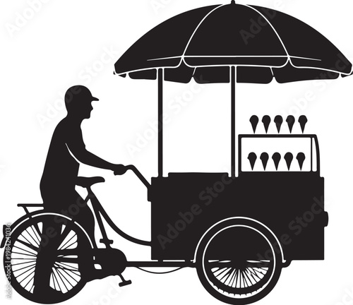 Black silhouette of ice cream vendor on bicycle cart, food truck, dessert seller