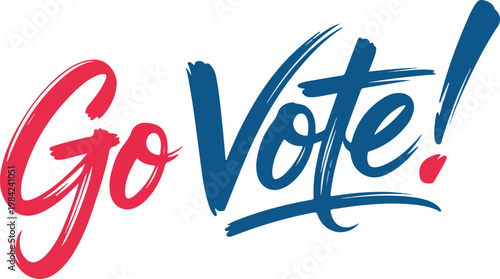 Go vote handwritten typography lettering in red and blue colors for democratic election awareness and patriotic social campaign.
