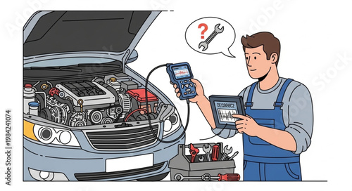 Mechanic Inspecting Car Engine With Diagnostic Tool.