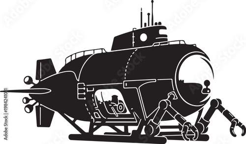 Black submarine, robotic arm, vector illustration, nautical vehicle, underwater exploration