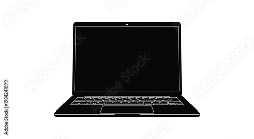 A stark black outline of a modern laptop computer is prominently displayed against a white background a striking silhouette high quality