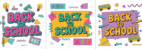 Vector illustration back to school banner concept. school bus, light bulb, abc blocks, and geometric shapes.