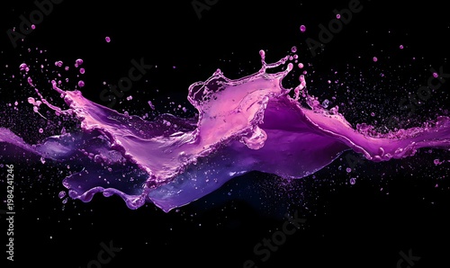 Dynamic purple paint splash with droplets against a black background