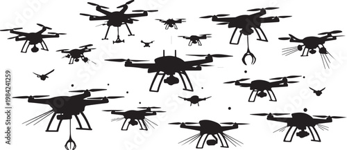 Drone, drones, black, silhouettes, flying, icons, vector graphics, 15 drone shapes