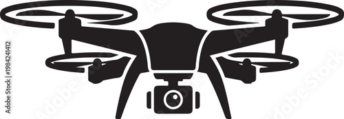Drone icon, black silhouette, aerial vehicle, camera drone, quadcopter
