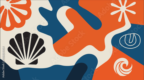 Abstract coastal summer pattern modern beach shapes with seashells, waves and organic tropical design.