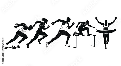 A series of runners depicted in various stages of a race from starting blocks to victory silhouette high quality professional detailed