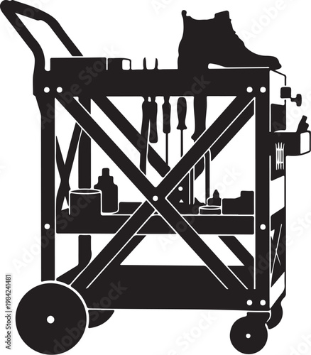 Black and white vector illustration, shoe repair tools, cobbler's cart, black silhouette