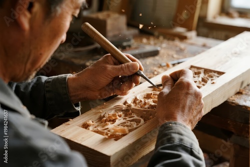 Elderly craftsman carving intricate designs into a wooden plank using a chisel in a workshop setting
