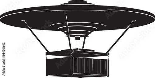 Black UFO, spaceship, flying saucer, vector illustration, sci-fi, futuristic
