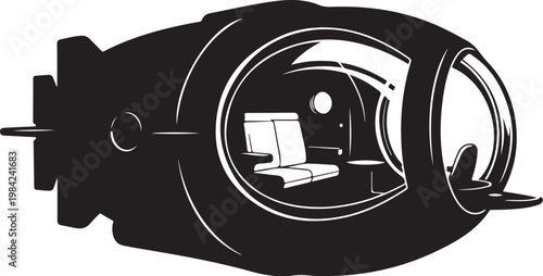 Futuristic spacecraft cockpit, space station interior, black and white vector, illustration