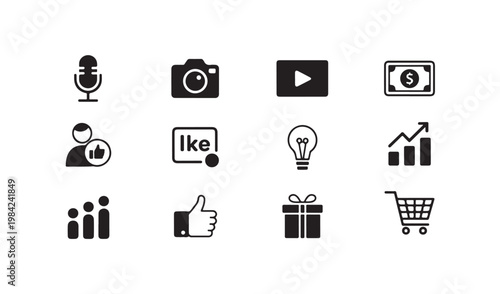 Social media and marketing icon set with camera microphone shopping cart and growth bar diagrams.