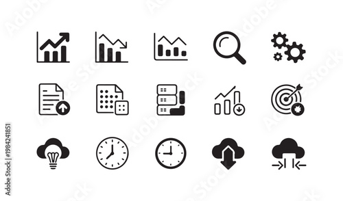 Data management and cloud computing icons featuring clock server files and analytical bar graphs.