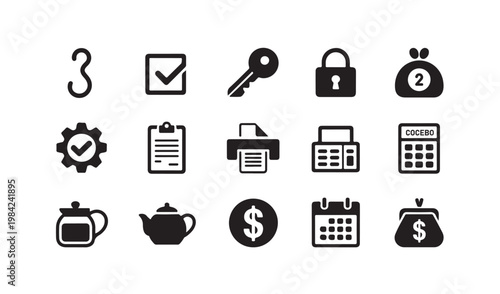 Set of business and finance icons including key lock money and documents.