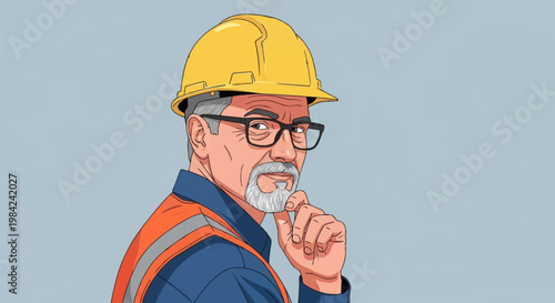 Vector illustration of a thoughtful mature construction worker wearing a yellow hard hat, orange safety vest, and black glasses, posing with hand on chin against a gray background.