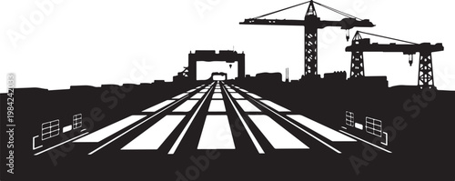 Industrial construction site, cityscape silhouette, crane, railroad tracks, urban landscape vector