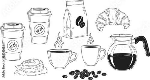Coffee Shop Element Set with Takeaway Cups, Coffee Pot, Beans, Croissant, and Pastry for Cafe and Bakery Design Projects