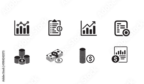Financial accounting data icons showing money stacks charts reports cash bills auditing collection.