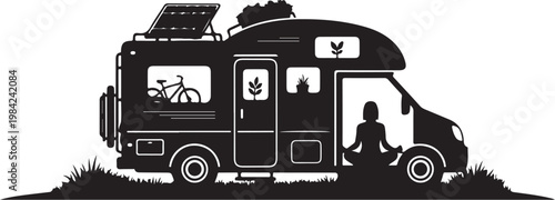 Campervan, motorhome, RV, travel trailer, silhouette, vector icon