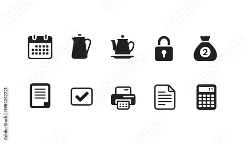Collection of black icons for planning business and administration on white background.