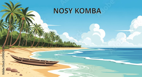 Vector illustration of a tropical beach on Nosy Komba with coconut palm trees, a traditional wooden boat on the sand, turquoise ocean waves, and white clouds in a bright blue sky.