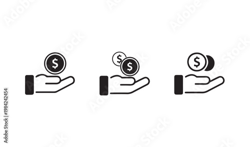 Donation and charitable giving icons illustrating hands holding dollar coins for funding concepts.