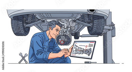 Mechanic Inspecting Car Engine with Digital Tablet.