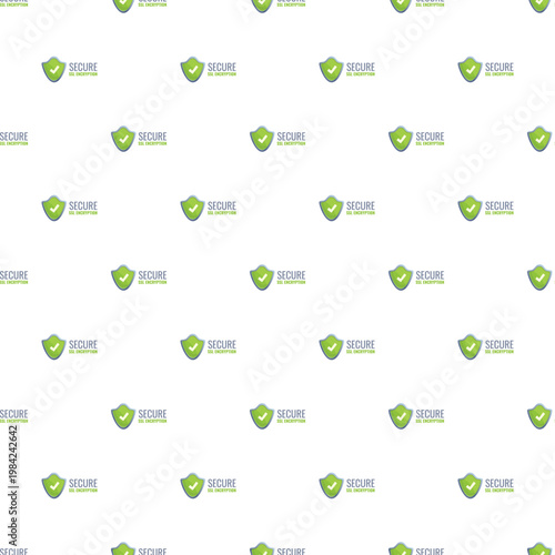 Green shields with checkmarks depicting secure ssl encryption technology as a repeating pattern