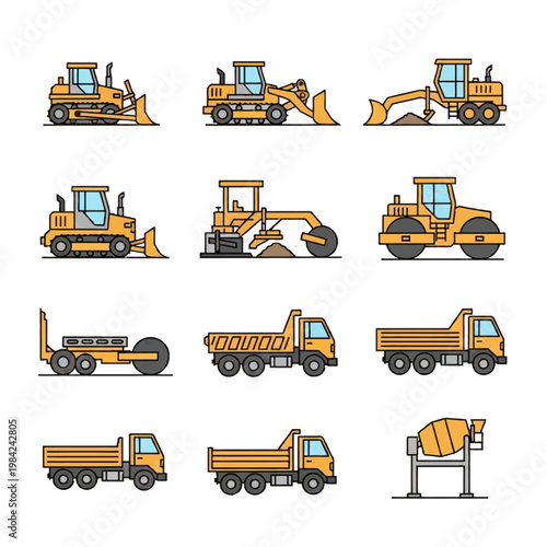 Vector set of 12 construction vehicle icons featuring bulldozers, excavators, road rollers, graders, dump trucks, tipper trucks, and a cement mixer, isolated on a white background.