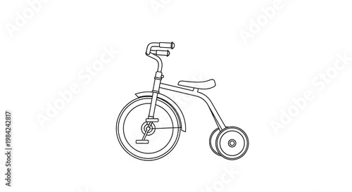 A simple line drawing depicts a classic tricycle with one large wheel