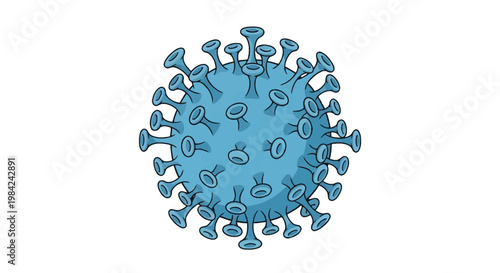 Blue stylized vector illustration of a coronavirus particle with prominent spike proteins isolated on a white background, suitable for medical, health, and scientific research.
