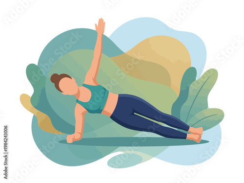 Woman performing side plank exercise with abstract background