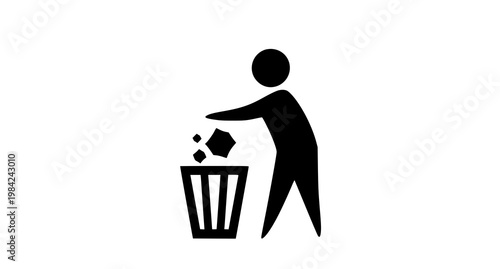 Black silhouette of a person disposing of waste into a wastebasket on a white background