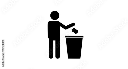 Simple black and white icon depicting a person disposing of trash into a waste container