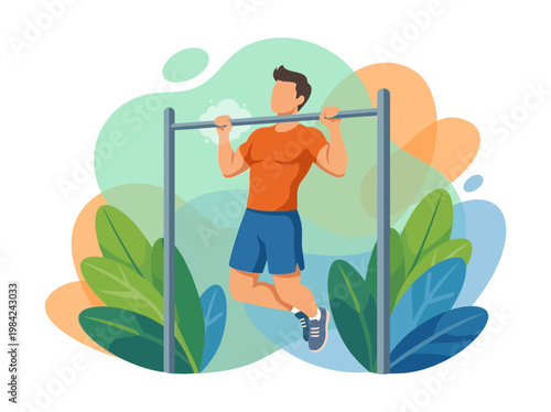 Man Doing Pull-ups on Horizontal Bar Fitness Illustration
