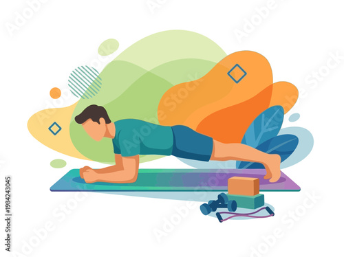 Man doing plank exercise on a yoga mat with gym equipment