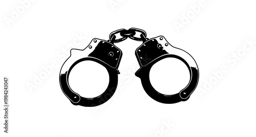 Black handcuffs isolated on white background symbol of law enforcement restriction and criminal justice system