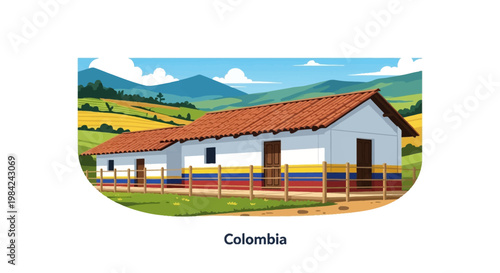 Vector illustration of a traditional Colombian farmhouse featuring white walls with national flag stripes, a red tile roof, and a wooden fence, set in a lush green mountain landscape.