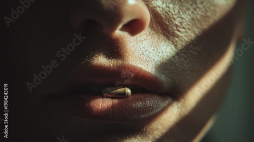 Capsule between lips dramatic shadow mental health concept