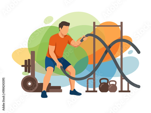 Man performing battle rope workout in gym flat vector illustration