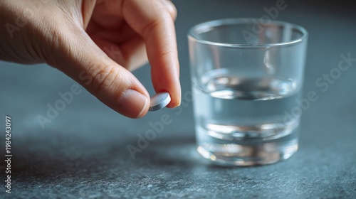 Hand holding pill with glass water medical intake