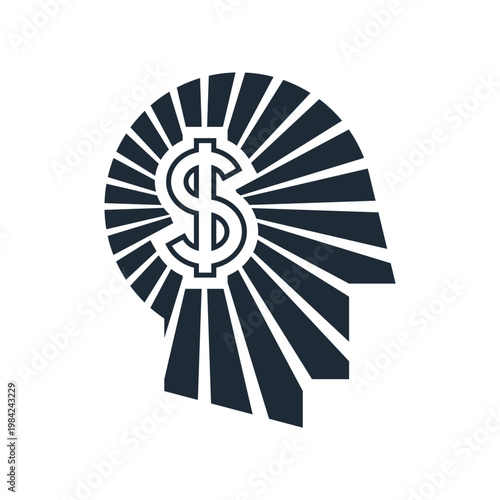 A head in bright rays and a dollar. Financial genius, investor, entrepreneur.Vector linear icon illustration isolated on white background.