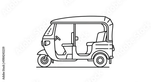 Line drawing of a three wheeled auto rickshaw showcasing its simple design